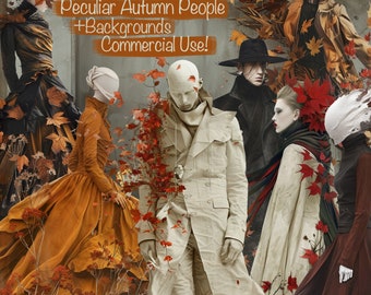 45 Peculiar Autumn People + Backgrounds, For Cards, Junk Journal, scrapbook, book, collage, products, Commercial use!