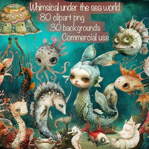 80 grillige Under the Sea Creature's Clipart PNG + achtergronden + afdrukbare vellen, kaarten, junk Journal, plakboek, collage, commercieel gebruik!