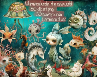Whimsical Under the Sea 80 Clipart, 30 Printable Backgrounds (Digital Download)