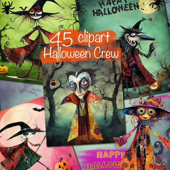 Vibrant Halloween Clipart Pack - 45 Whimsical Designs and 15 Backgrounds, for Halloween Crafts , Scrapbooking and More, Commercial use !
