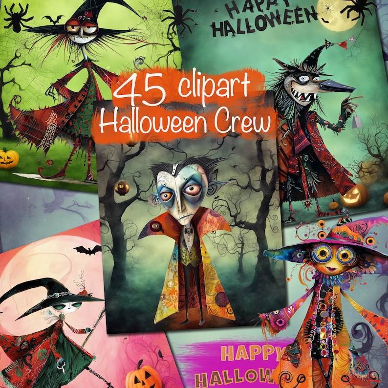 Livfullt Halloween Clipart-paket - 45 nyckfulla designer och 15 bakgrunder, för Halloweenpyssel, scrapbooking och mer, kommersiellt bruk! bild 1