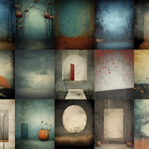 May include: A collection of 12 digital art prints with a vintage, textured aesthetic. Each print features a unique, moody landscape with elements like trees, pumpkins, and architectural details, in a palette of muted blues, oranges, and browns. The overall theme is autumnal and atmospheric.