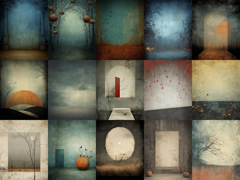 May include: A collection of 12 digital art prints with a vintage, textured aesthetic. Each print features a unique, moody landscape with elements like trees, pumpkins, and architectural details, in a palette of muted blues, oranges, and browns. The overall theme is autumnal and atmospheric.