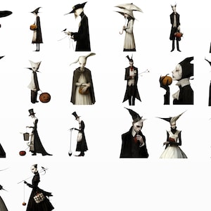 May include: A collection of illustrations featuring stylized figures in dark attire, some holding pumpkins, pets, or umbrellas. The figures have pale skin and exaggerated features, creating a gothic or Halloween theme.