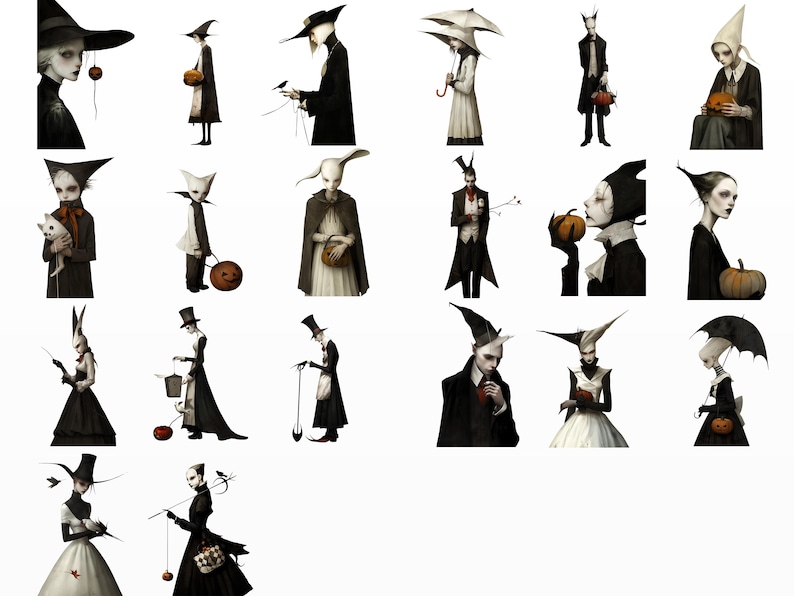 May include: A collection of illustrations featuring stylized figures in dark attire, some holding pumpkins, pets, or umbrellas. The figures have pale skin and exaggerated features, creating a gothic or Halloween theme.