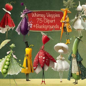 Può includere: Un'opera d'arte digitale stravagante con verdure antropomorfe. L'immagine include un pomodoro, una melanzana, una carota, un fungo e altre verdure, ognuna vestita con abiti unici. Il testo "Whimsy Veggies 75 Clipart + Backgrounds" è visualizzato su uno striscione rosso.