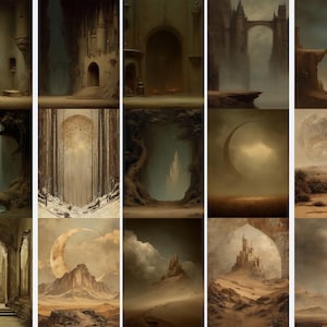 May include: A collection of digital art prints featuring surreal landscapes with castles, arches, and celestial bodies. The color palette is dominated by muted browns, tans, and grays, creating a dreamlike atmosphere. Each print showcases unique architectural and natural elements.