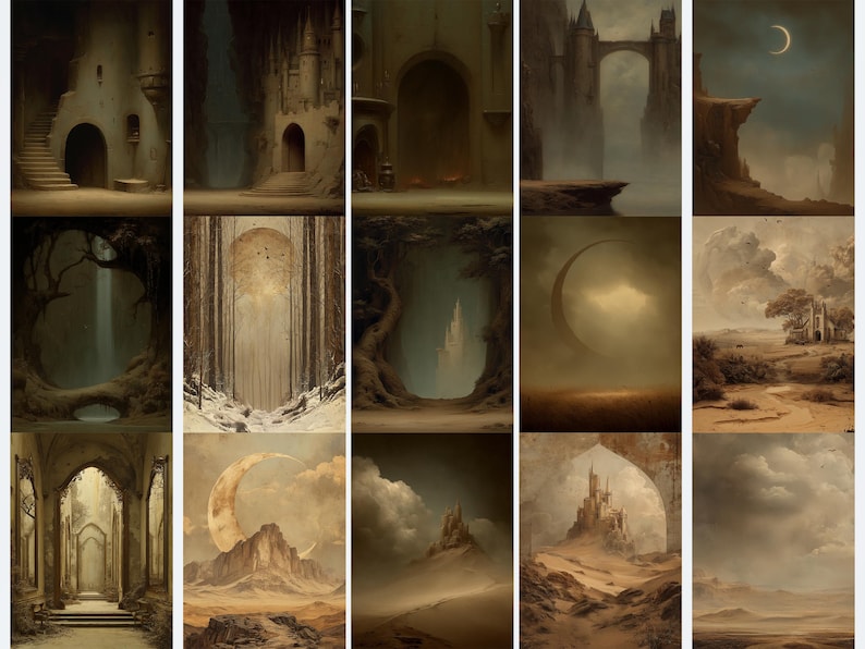 May include: A collection of digital art prints featuring surreal landscapes with castles, arches, and celestial bodies. The color palette is dominated by muted browns, tans, and grays, creating a dreamlike atmosphere. Each print showcases unique architectural and natural elements.