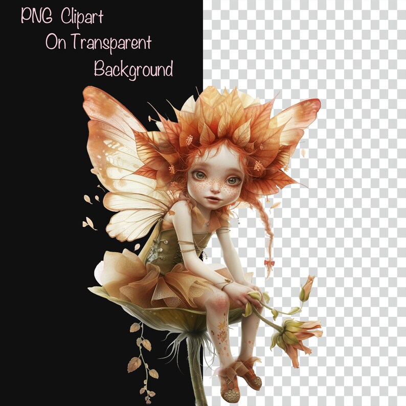 May include: A whimsical fairy with orange wings and a crown of autumn leaves sits on a flower. She has red hair, freckles, and is wearing a green and orange dress.
