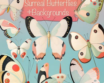 Paquete de 45 mariposas surrealistas PNG + 15 fondos, bricolaje, tarjetas, kit de diario basura, suministros para álbumes de recortes, uso comercial.