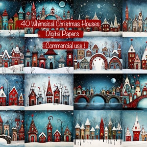 Set di 40 fantasiose case natalizie - Sfondi digitali, pagine di diario spazzatura, biglietti di Natale fai da te, materiali per scrapbooking, uso commerciale!