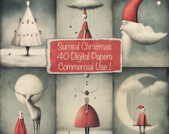 Può includere: Una collezione di carte digitali natalizie surreali. L'immagine presenta illustrazioni stravaganti con un albero di Natale, Babbo Natale, un cervo e figure con abiti rossi. Il testo recita "Surreal Christmas 40 Digital Papers Commercial Use!"