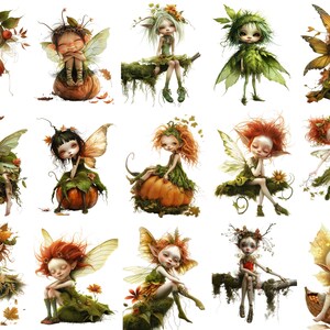 May include: A collection of 12 whimsical fairy figurines with intricate details. Each fairy is dressed in autumnal colors and has delicate wings. Some fairies are holding pumpkins, while others are sitting on branches or leaves. The fairies are all made of a variety of materials, including resin, fabric, and wire.