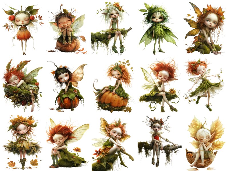 May include: A collection of 12 whimsical fairy figurines with intricate details. Each fairy is dressed in autumnal colors and has delicate wings. Some fairies are holding pumpkins, while others are sitting on branches or leaves. The fairies are all made of a variety of materials, including resin, fabric, and wire.