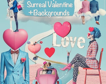 65 Png Surreal Valentine People Bundle + 20 Backgrounds, DIY, Cards, Junk Journal kit, Scrapbooking Supplies, Commercial use!