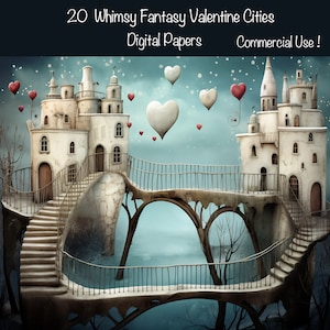 20 Whimsy Fantasy Valentine Love Cities Digital Papers - voor kaarten, collage, ongewenste dagboekpagina's, benodigdheden voor scrapbooking, commercieel gebruik