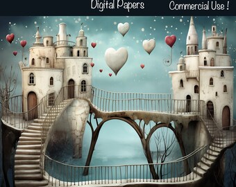20 Whimsy Fantasy Valentine Love Cities Digital Papers - For Cards, Collage, Junk Journal Pages, Scrapbooking Supplies, Commercial use