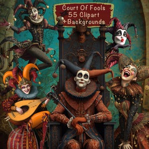 Puede incluir: Ilustración digital con varios bufones con trajes ornamentados. Los bufones tienen rasgos exagerados, incluyendo grandes cuellos y sombreros puntiagudos. La imagen incluye el texto "Court Of Fools 55 Clipart + Backgrounds."