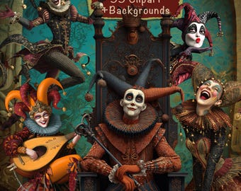 Könnte beinhalten: Digitale Illustration von Narren in aufwendigen Kostümen. Die Narren haben übertriebene Merkmale, darunter große Kragen und spitze Hüte. Das Bild enthält den Text "Court Of Fools 55 Clipart + Backgrounds."