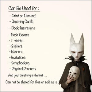 May include: An illustration featuring a figure wearing a white mask with pointed ears and red eyes, holding a cracked mask. Text lists uses: print on demand, greeting cards, book illustrations, book covers, t-shirts, stickers, banners, invitations, scrapbooking, and physical products.