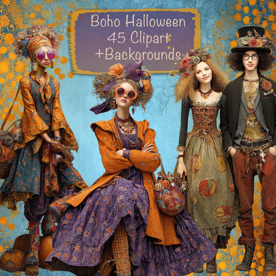 Boho Halloween Characters : 45 Clipart PNG + 15 Backgrounds, DIY, Cards ...