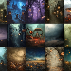 May include: A collection of 12 digital backgrounds featuring spooky Halloween scenes with jack-o'-lanterns, a carousel, a graveyard, and a foggy forest.