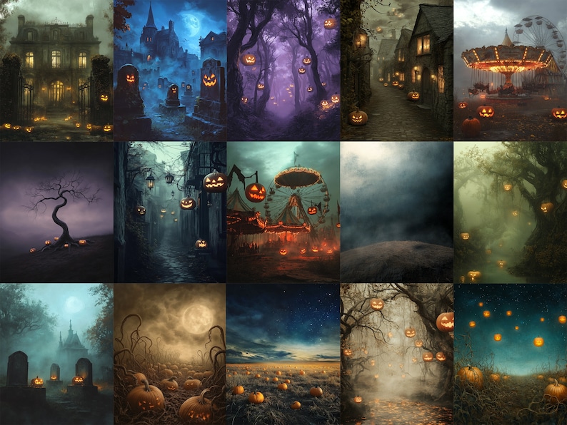 May include: A collection of 12 digital backgrounds featuring spooky Halloween scenes with jack-o'-lanterns, a carousel, a graveyard, and a foggy forest.