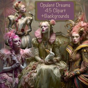Könnte beinhalten: Digitale Kunst mit vier Figuren in aufwendigen, altmodischen Kleidern mit kunstvollen Kopfbedeckungen und Make-up. Eine Figur hält ein weißes Kaninchen. Der Text "Opulent Dreams 45 Clipart + Backgrounds" ist enthalten.
