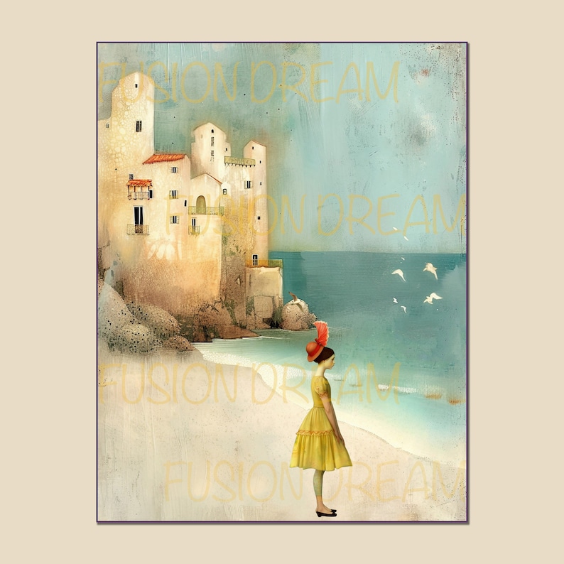 K&ouml;nnte beinhalten: Ein Kunstdruck zeigt eine K&uuml;stenlandschaft mit einer mittelalterlichen Burg und einer Frau in einem gelben Kleid und rotem Hut an einem Strand. Das Kunstwerk hat eine Vintage-&Auml;sthetik mit sanften Farben und dem Text "FUSION DREAM".