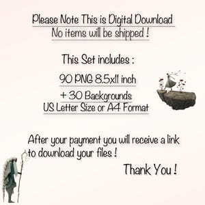 Op de afbeelding: Digitale download aankondiging met tekst: "Please Note This is Digital Download. No items will be shipped!" De set bevat 90 PNG-bestanden, 21,59 x 27,94 cm, en 30 achtergronden. US Letter of A4 formaat. Dank u!