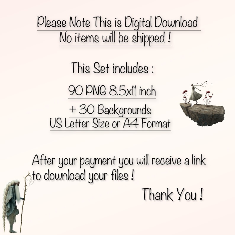 Op de afbeelding: Digitale download aankondiging met tekst: "Please Note This is Digital Download. No items will be shipped!" De set bevat 90 PNG-bestanden, 21,59 x 27,94 cm, en 30 achtergronden. US Letter of A4 formaat. Dank u!