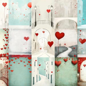 May include: A collage of nine images featuring red hearts floating in the air, with each image depicting a different whimsical scene. Some scenes include bridges, buildings, and trees. The hearts are connected by strings, creating a sense of love and connection.