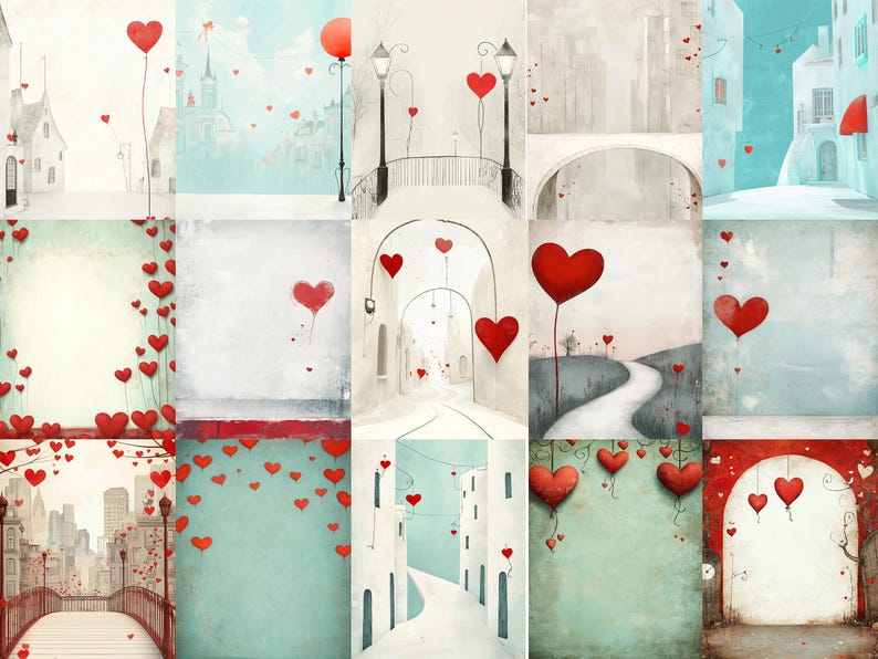 May include: A collage of nine images featuring red hearts floating in the air, with each image depicting a different whimsical scene. Some scenes include bridges, buildings, and trees. The hearts are connected by strings, creating a sense of love and connection.