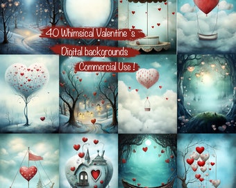 Set of 40  Whimsical Valentine  Digital Papers, Cute Love Backgrounds, for Card making Junk Journal, Scrapbooking, Commercial use