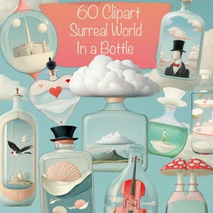 ¡Paquete de 60 Png Surreal World In a Bottle + 15 fondos, bricolaje, tarjetas, kit de diario basura, suministros para álbumes de recortes, uso comercial!