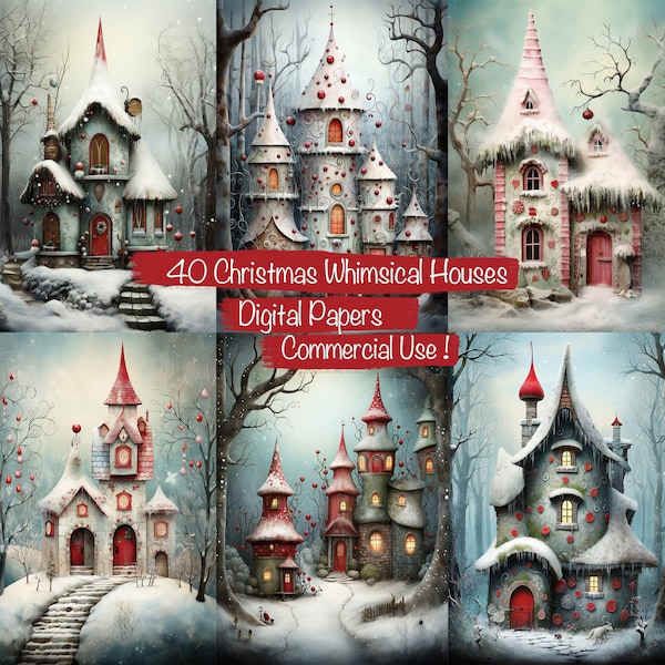 Set of 40 Printable Whimsical Christmas Houses ,  Digital Papers,  Download Junk Journal, Scrapbooking, Commercial use