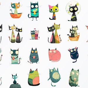 May include: A collection of whimsical cat illustrations in various poses and colors. Each cat has a unique design, with patchwork patterns, expressive eyes, and some holding objects like balloons or flowers. The artwork has a playful and artistic style.