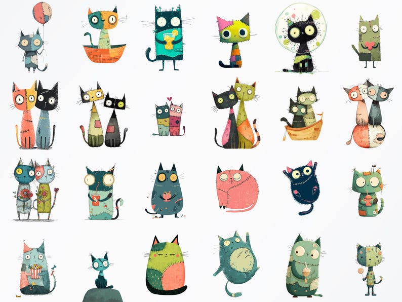 May include: A collection of whimsical cat illustrations in various poses and colors. Each cat has a unique design, with patchwork patterns, expressive eyes, and some holding objects like balloons or flowers. The artwork has a playful and artistic style.