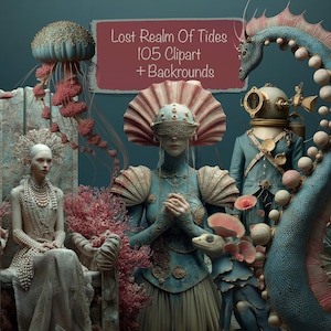 May include: An artistic digital illustration featuring figures in ornate costumes and sea-themed elements. The image includes a jellyfish, a diver, and a sea serpent, with the text "Lost Realm Of Tides 105 Clipart + Backgrounds" on a red banner.