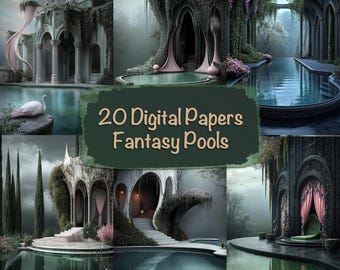 Könnte beinhalten: Ein digitales Papierpaket mit 20 Fantasy-Pool-Designs. Die Bilder zeigen verschiedene Pools mit üppigem Grün, Steinstrukturen und magischen Elementen. Der Text "20 Digital Papers Fantasy Pools" wird in der Mitte des Bildes angezeigt.