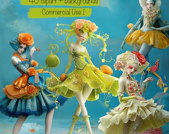 Set von 40 Eigenartigen Sommer Mode Frau Clipart PNG, für Karten, Junk Journal, Scrapbook, Buch, Collage, Druckbare Blätter, kommerzielle Nutzung!