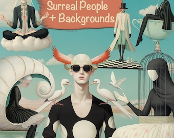 112 Png Surreal Peculiar People Bundle + 30 Backgrounds, DIY, Cards, Junk Journal kit, Scrapbooking Supplies, Commercial use!