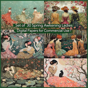 30 cyfrowych papierów Spring Ladies – do kartek DIY, scrapbookingu, okładek książek, zaproszeń, kolaży, dzienników śmieciowych, do użytku komercyjnego!