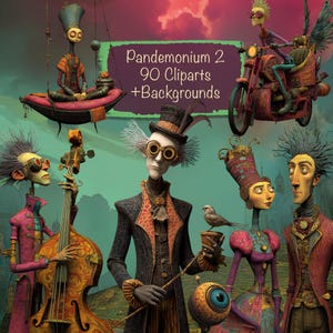 May include: A digital collection titled Pandemonium 2 90 Cliparts +Backgrounds featuring stylized characters with exaggerated features, including figures with goggles, a person playing a double bass, and a character riding a motorcycle.