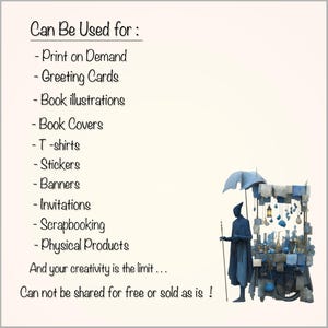 Op de afbeelding: Afbeelding met tekst waarin de toepassingen worden vermeld voor print on demand, wenskaarten, boekillustraties, boekomslagen, t-shirts, stickers, banners, uitnodigingen, scrapbooking en fysieke producten. Een persoon staat in de buurt van een blauwe kar.