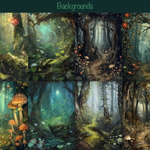 May include: A digital illustration of six different forest backgrounds. Each background features a path through a lush forest with trees, foliage, and mushrooms. The backgrounds are perfect for use in digital art, graphic design, or as a backdrop for a fantasy or nature-themed project.