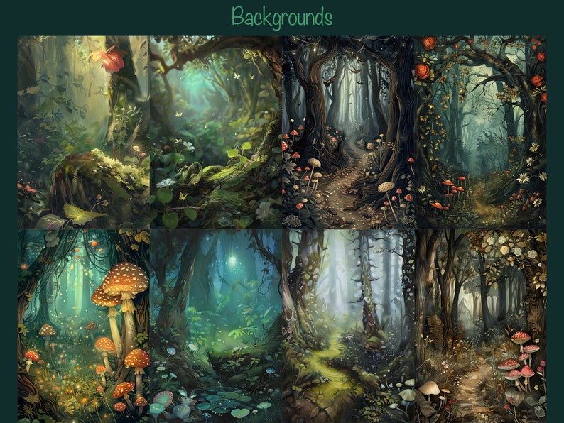 May include: A digital illustration of six different forest backgrounds. Each background features a path through a lush forest with trees, foliage, and mushrooms. The backgrounds are perfect for use in digital art, graphic design, or as a backdrop for a fantasy or nature-themed project.
