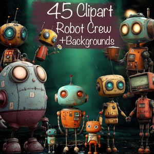 Lot de 45 robots originaux et fantaisistes + 15 arrière-plans, fabrication de cartes à faire soi-même, fournitures pour journal indésirable, kit de scrapbooking, usage commercial !
