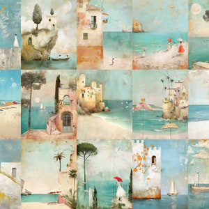 K&ouml;nnte beinhalten: Eine Collage von K&uuml;stenszenen im Vintage-Stil. Das Kunstwerk zeigt Geb&auml;ude, Str&auml;nde und Boote in einer sanften Farbpalette aus Blau, Gelb und Rosa. Einige Szenen zeigen Menschen mit Sonnenschirmen.