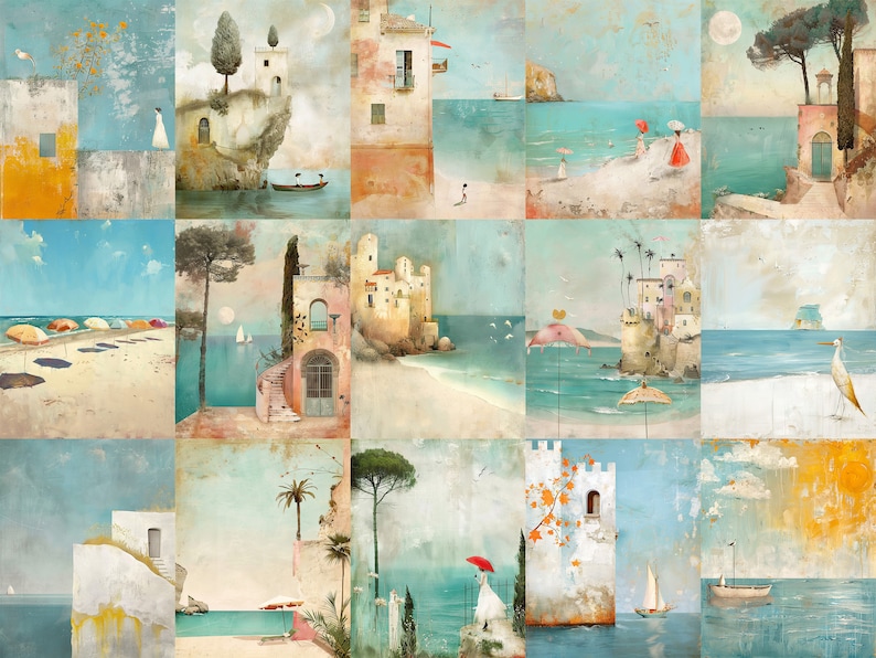 K&ouml;nnte beinhalten: Eine Collage von K&uuml;stenszenen im Vintage-Stil. Das Kunstwerk zeigt Geb&auml;ude, Str&auml;nde und Boote in einer sanften Farbpalette aus Blau, Gelb und Rosa. Einige Szenen zeigen Menschen mit Sonnenschirmen.